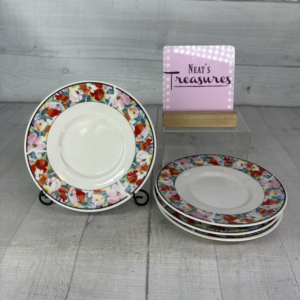 China Pearl DAISY Red Pink Blue Yellow Floral Rim Fine China Saucers Set of 4